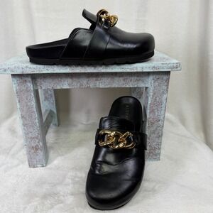 ALOHAS Chain Mules Women Size 39 Black Leather Gold Link Chunky Flat Slides